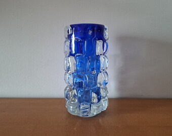 Skrdlovice Frantisek Vizner 7117 -- blue and clear 'toffee' art glass vase -- Czech art glass