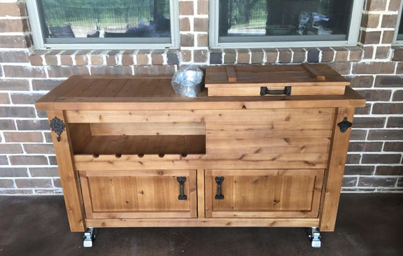 Outdoor Bar Cabinet Solid Wood Movable Grill Cart With Stainless