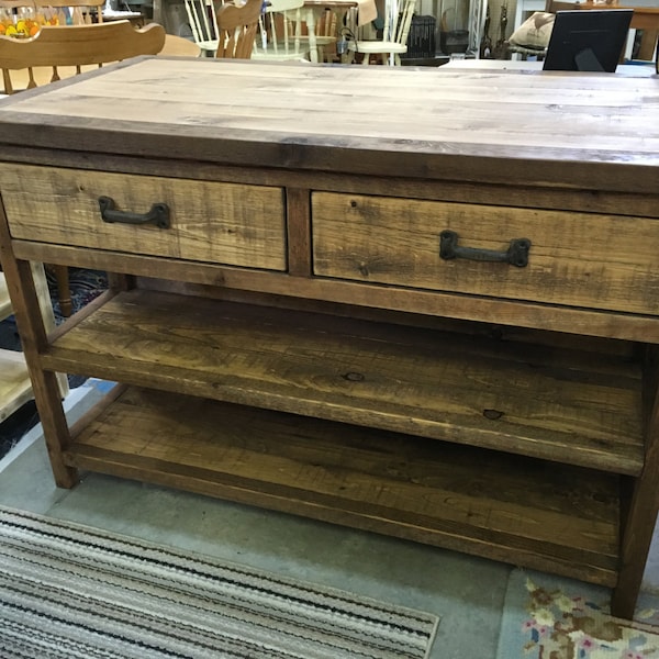 Reclaimed or Barn Wood Island with Stool Storage or Customized as Console Table, Buffet, Sideboard, Farmhouse Table