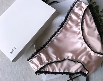 Pink Silk Panties Gift Box / Baby Pink & Black Lingerie / Light Pink Satin Pantie / Womens Knickers / Pure Silk Bikini Brief