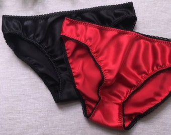 2x Red and Black Satin Panties / Womens Silk Pantie Set / Hipster Brief Duo Pack / Red Lingerie Gift for Her / Black Sexy Lingerie