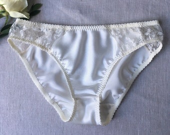 Womens Satin Panties / Pure Silk Knickers / Sheer Lace Pantie / Ivory Lace Briefs / Cream Silky Underwear / White Bridal Lingerie