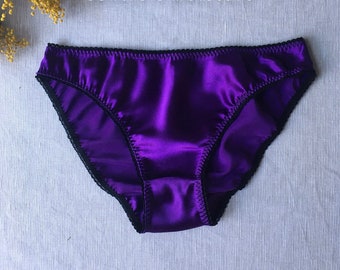 Purple Satin Panties / Womens Silk Panties / Lingerie Gift Box / Black Sexy Lingerie / Dark Witchy Knickers / Pure Silk Briefs