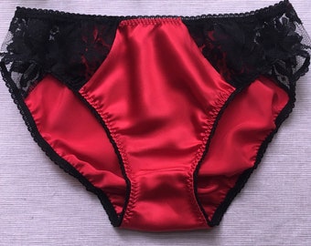 Red & Black Satin Panties / Womens Lace Pantie / Pure Silk Knickers / Sheer Lace Underwear / Red Satin Lingerie