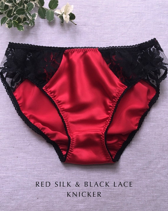 Red & Black Satin Panties / Womens Lace Pantie / Pure Silk