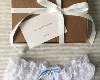 White Bridal Wedding Garter, French Lace Lingerie, Wedding Gift, Something Blue, Something New