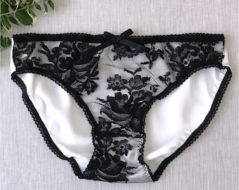 Black & Ivory Satin Panties / Pure Silk Knickers / Womens Black Lace Pantie / Anniversary Gift / Sheer Lace Briefs / Sexy Lace Lingerie