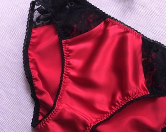 Red & Black Satin Panties / Womens Lace Pantie / Pure Silk Knickers / Sheer  Lace Underwear / Red Satin Lingerie