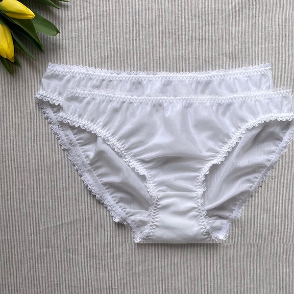 Two White Cotton Pantie Pack / Womens Silk Panties / Everyday Basic Knickers / Mid-Rise Bikini Briefs / Cotton Anniversary Gift