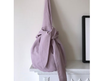 Japanese knot bag, Oversized purple handbag, Washed cotton tote bag, Beach bag, Soft slouchy bag, kawaii shoulder bag, Handmade Summer bag