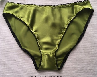 Olive Green Pure Silk Knickers / Green Witchy Pantie / Womens Satin Panties / Hipster Briefs