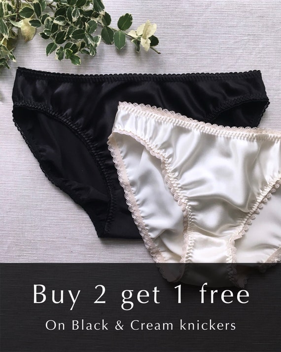 Buy 2 Get 1 FREE / 3 for 2 Panties / Black Satin Pantie / Cream Silk  Knickers / Underwear Pack / Pure Silk Knickers / Black and Cream Briefs 