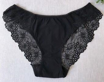 Black Lace Panties / Stretch Jersey Knickers / Womens Black Briefs / Low Rise Briefs / Sexy Sheer Underwear