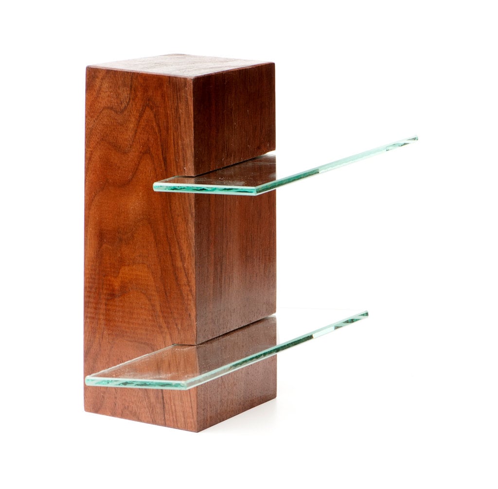 Walnut Free Standing Shelving Unit With Two Glass Shelves, Low Gloss