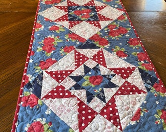 Red, White and Blue table runner, Patriotic Stars, 17 wide and 68 long