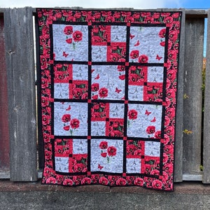 Poppy Paris Lap Quilt in Black White and Red, soft cotton fabric in French inspired fabrics image 1