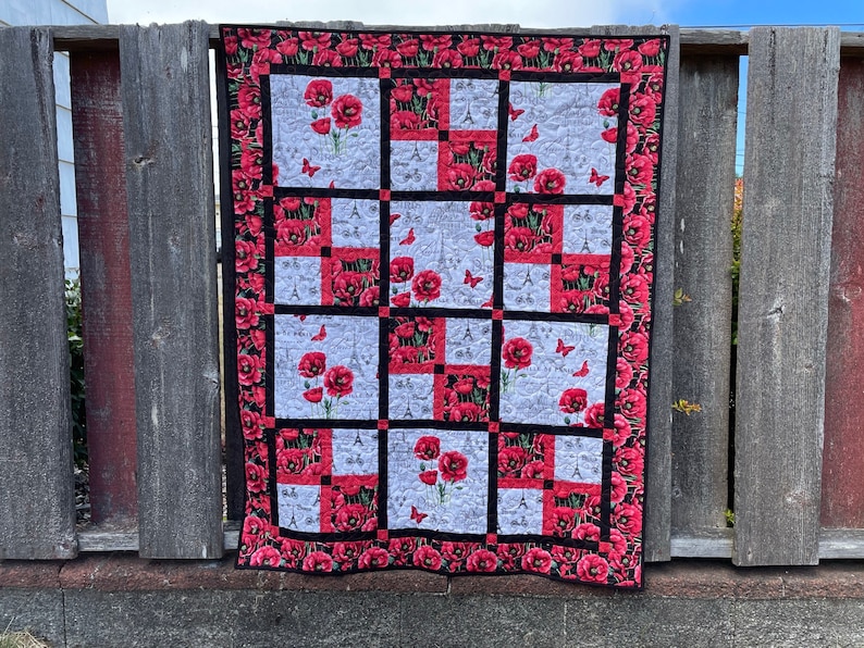 Poppy Paris Lap Quilt in Black White and Red, soft cotton fabric in French inspired fabrics image 1