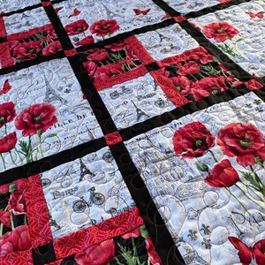 Poppy Paris Lap Quilt in Black White and Red, soft cotton fabric in French inspired fabrics image 9