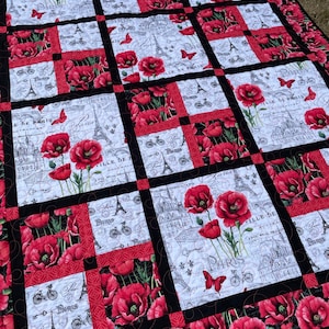 Poppy Paris Lap Quilt in Black White and Red, soft cotton fabric in French inspired fabrics image 4