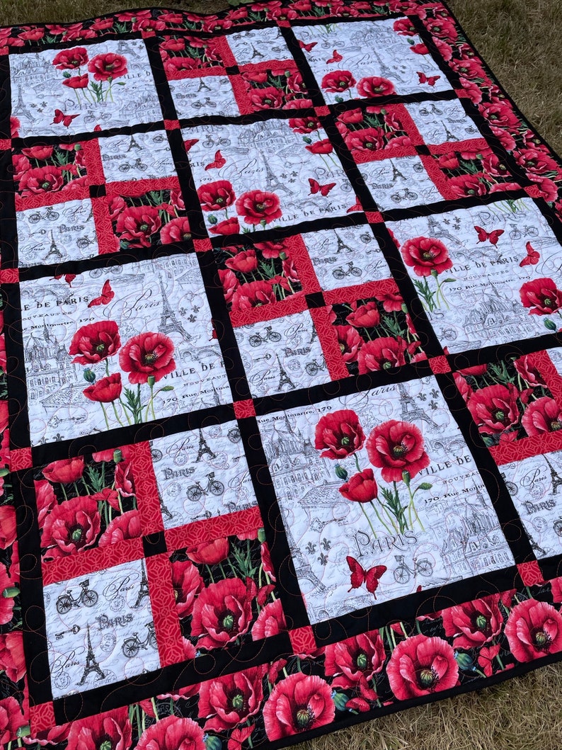 Poppy Paris Lap Quilt in Black White and Red, soft cotton fabric in French inspired fabrics image 4