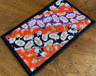 Boo Stripes Halloween Mug Rug, Fun coaster with cartoon prints in orange, black, purple