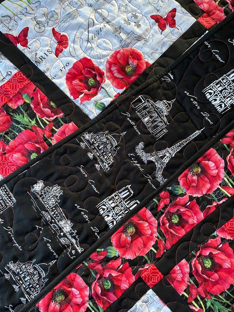 Poppy Paris Lap Quilt in Black White and Red, soft cotton fabric in French inspired fabrics image 5