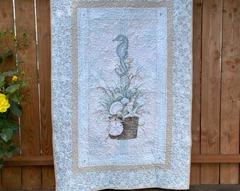 Seashore Panel quilt, seahorse, beach inspired, soft greens and browns, lap quilt, 38 x 57 wall hanging, coastal home decor, housewarming