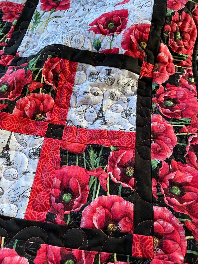 Poppy Paris Lap Quilt in Black White and Red, soft cotton fabric in French inspired fabrics image 8