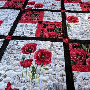 Poppy Paris Lap Quilt in Black White and Red, soft cotton fabric in French inspired fabrics image 2