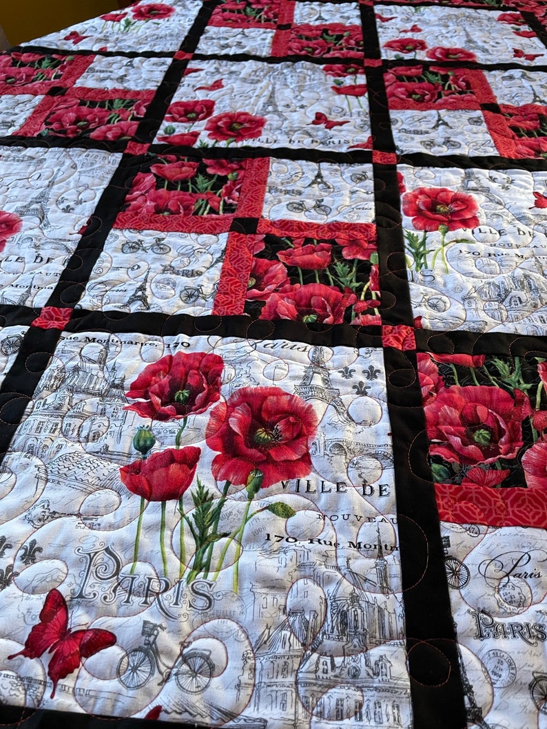 Poppy Paris Lap Quilt in Black White and Red, soft cotton fabric in French inspired fabrics image 2