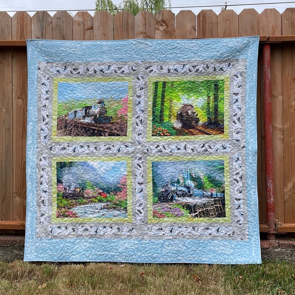 Train Quilt, Spring Steam featuring locomotives and a garden maze setting, great for railfans or train buffs