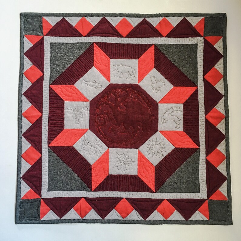 Break The Wheel Quilted Wall Hanging Inpired By Game Of Thrones House Sigils Direwolf Dragon Red And Black Quilt Fan Art