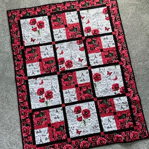Poppy Paris Lap Quilt in Black White and Red, soft cotton fabric in French inspired fabrics image 7