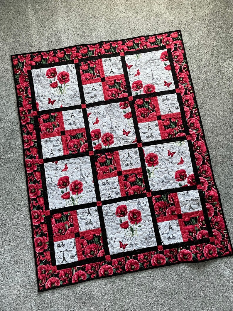 Poppy Paris Lap Quilt in Black White and Red, soft cotton fabric in French inspired fabrics image 7