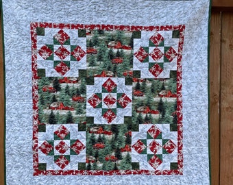 Jolie Wall Hanging quilt, Christmas Quilt, Red Trucks with trees and snow, Country Christmas, handmade quilt for sale, Holiday hoe decor