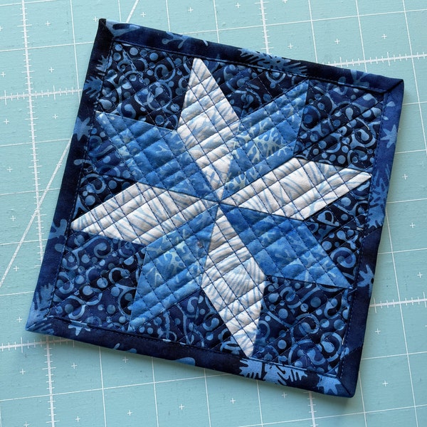 Winter Star Mug Rug 2, Blue and White Patchwork,  6 inch coaster, mini quilt block