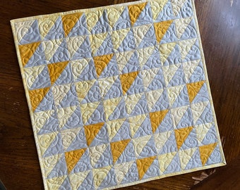 Yellow and Gray small quilt for table top or basket lining, 22 x 22