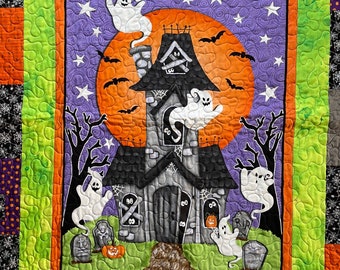 Modern patchwork quilt, Halloween 45 by 67, orange black and green, glow in the dark, easy care, great for kids