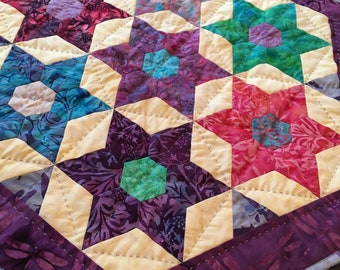 Jewel Hexagon Star quilt for sale, Batik fabric - hand pieced and hand quilted, jewel tone fabrics