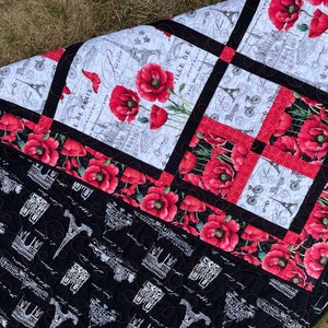 Poppy Paris Lap Quilt in Black White and Red, soft cotton fabric in French inspired fabrics image 3