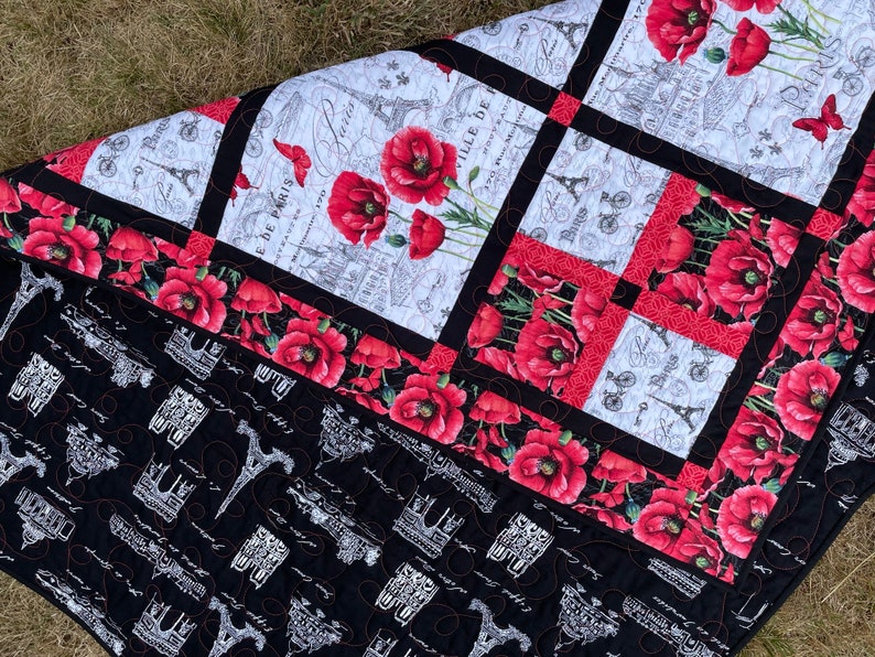 Poppy Paris Lap Quilt in Black White and Red, soft cotton fabric in French inspired fabrics image 3