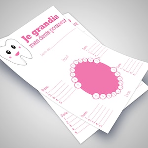 Pink teething chart for girls with tooth illustration for remembrance of thrust milk teeth date