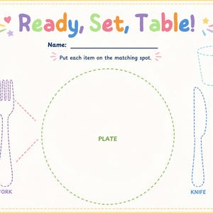 Könnte beinhalten: Eine rechteckige weiße Tischunterlage mit der bunten Überschrift "Ready, Set, Table!" und einem gestrichelten Diagramm zum Decken des Tisches. Sie enthält Umrisse für Serviette, Gabel, Teller, Becher, Messer und Löffel sowie Beschriftungen.