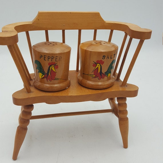 Tabletop Wood Rooster Salt Pepper On Cobblers Bench Etsy