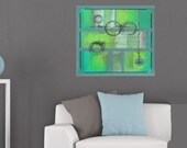Art Painting Abstract Art Acrylic Abstract Canvas  Original Modern green silver circles //  20  x 20  x 3/4 inches