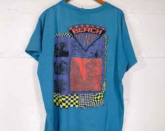 Vintage 80s/90s Single Stitch T Shirt Blue Surf Gear Graphic Neon Distressed XL