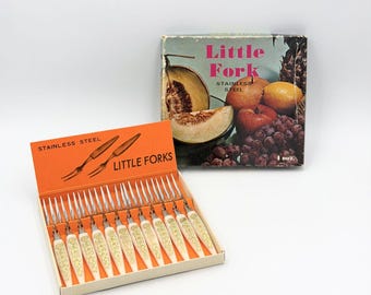 Vintage Set of 12 Stainless Steel Little Forks Cocktail Appetizer Picks Gold