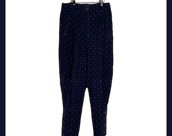 Vintage Corduroy Pants Navy Ditsy Print High Waist Button Leg 80s 90s Boho