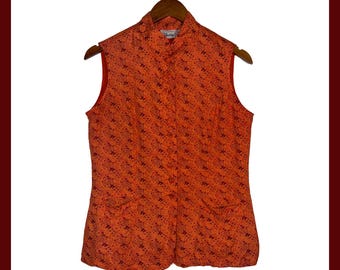 Vintage 90s Orange Paisley Mandarin Collar Rayon Vest Women’s 10 Boho 70s Vibes