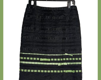 Vintage Kay Unger Black Silk Pencil Skirt w Green Ribbon Bow Size 8 90s 00s Y2K
